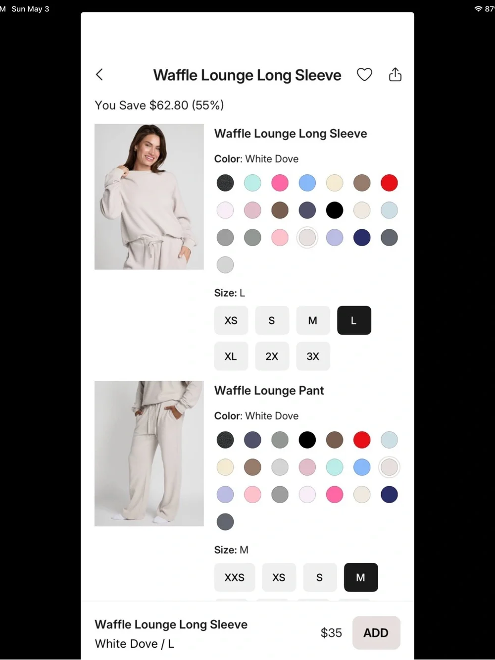 Waffle Lounge Long Sleeve TopL bottom M set - White Dove - Picture 1 of 2